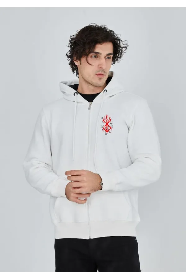 Unisex Baskılı Tam Fermuarlı Kapşonlu SweatShirt - Beyaz