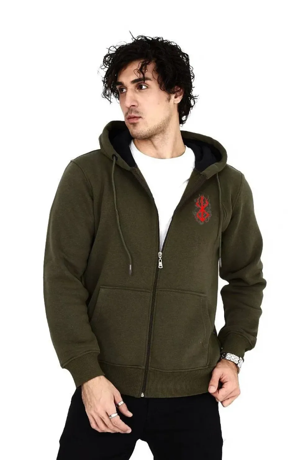 Unisex Baskılı Tam Fermuarlı Kapşonlu SweatShirt - Haki