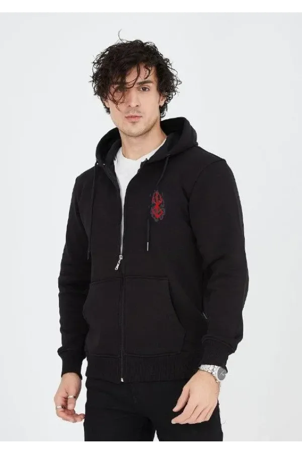 Unisex Baskılı Tam Fermuarlı Kapşonlu SweatShirt - Siyah