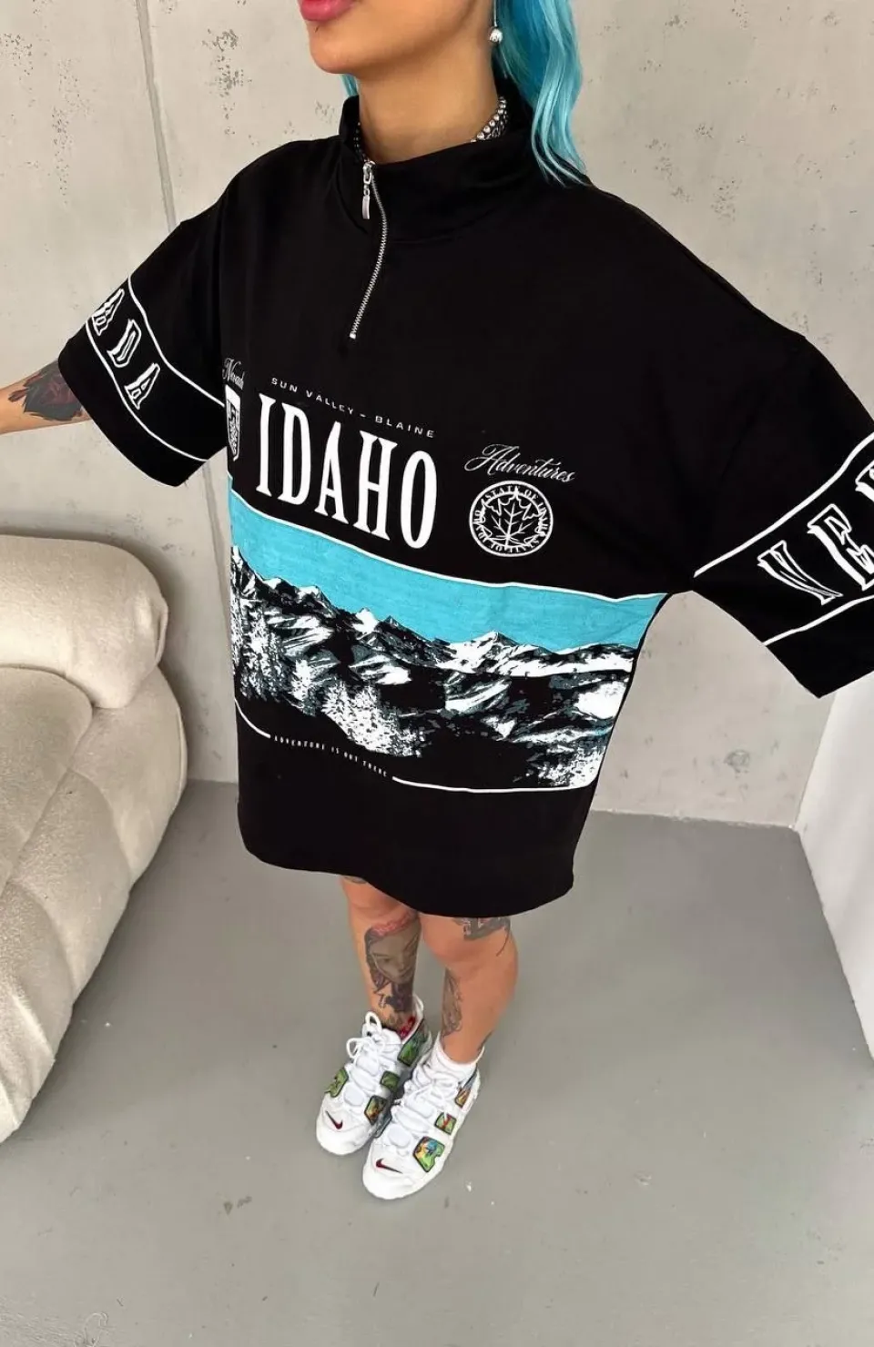 Unisex Baskılı Yarım Fermuarlı T-Shirt - Siyah