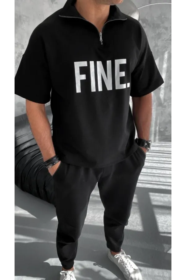 Unisex Baskılı Yarım Fermuarlı T-Shirt - Siyah