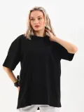Unisex Bisiklet Yaka 20/1 Düz Oversize T-Shirt - Siyah