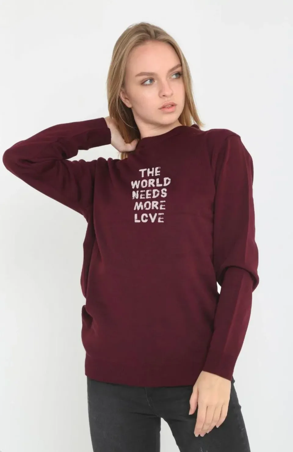 Unisex Bisiklet Yaka Baskılı Dokuma Triko - Bordo