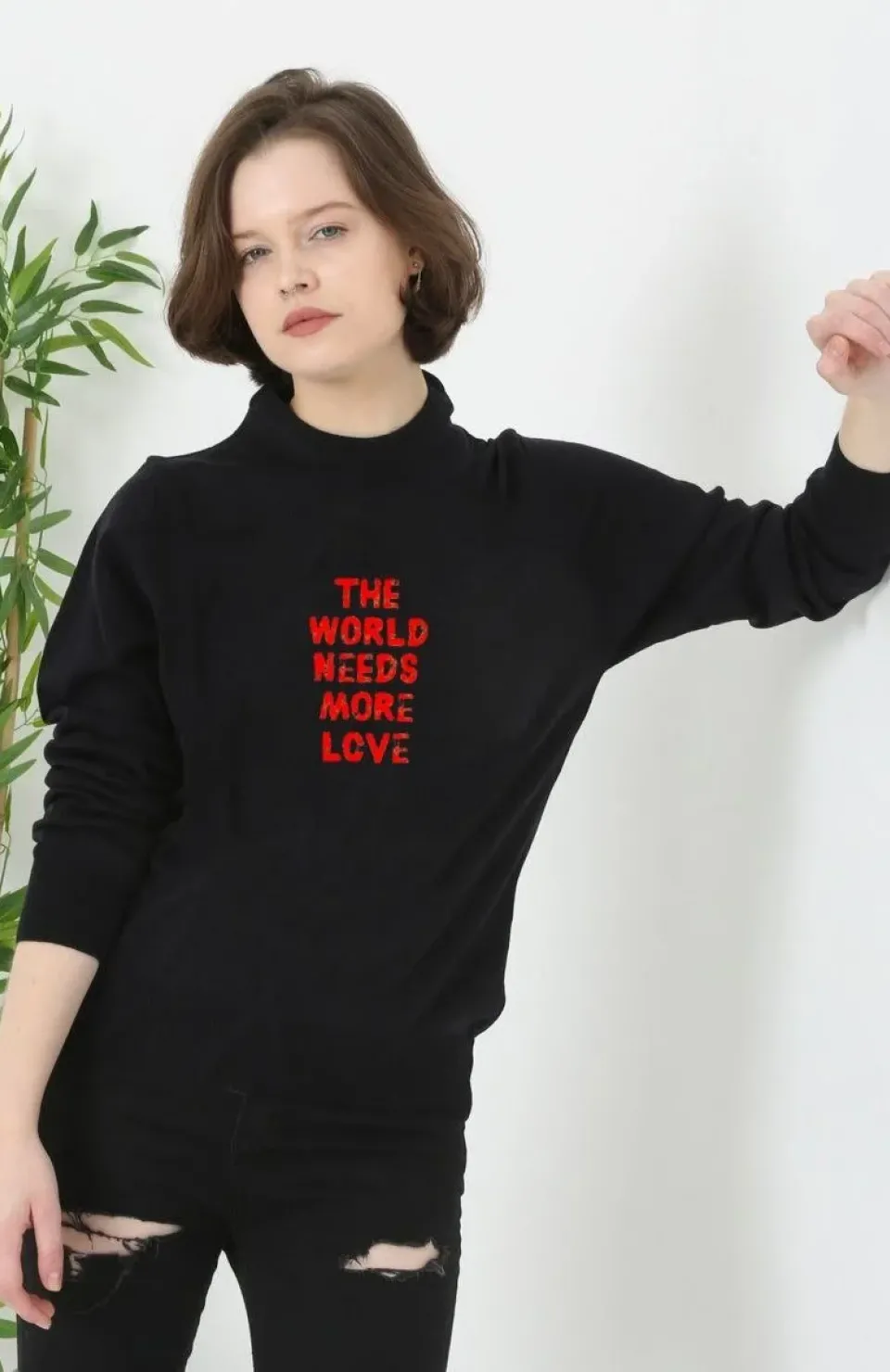 Unisex Bisiklet Yaka Baskılı Dokuma Triko - Siyah