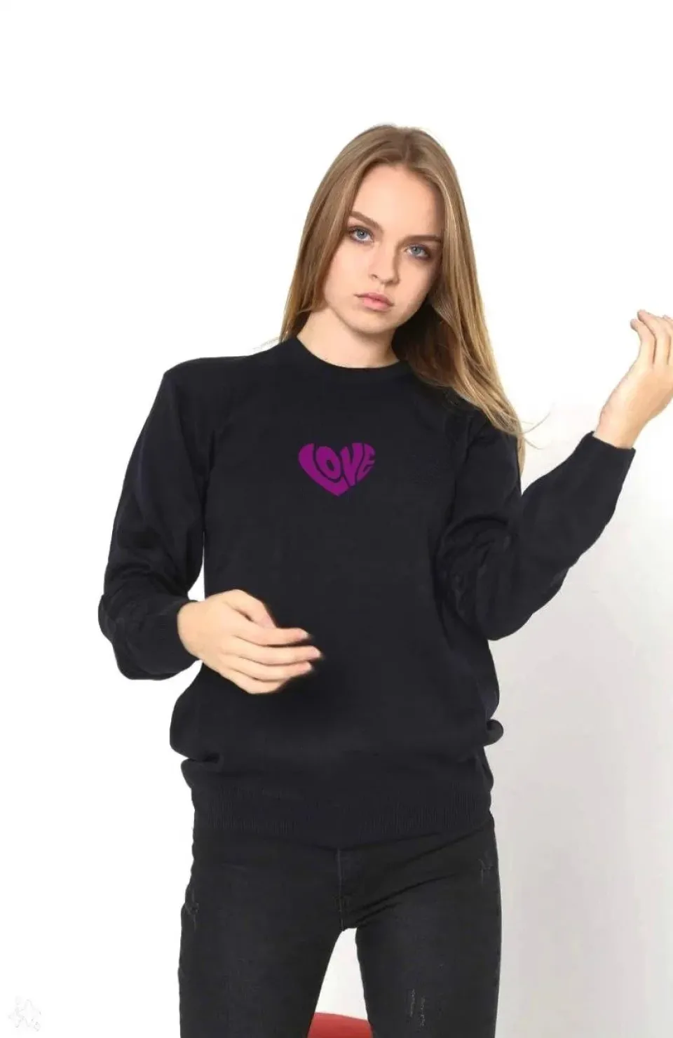 Unisex Bisiklet Yaka Baskılı Dokuma Triko - Siyah