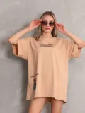 Unisex Bisiklet Yaka Baskılı Oversize T-Shirt - Bej
