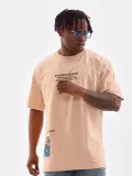 Unisex Bisiklet Yaka Baskılı Oversize T-Shirt - Bej
