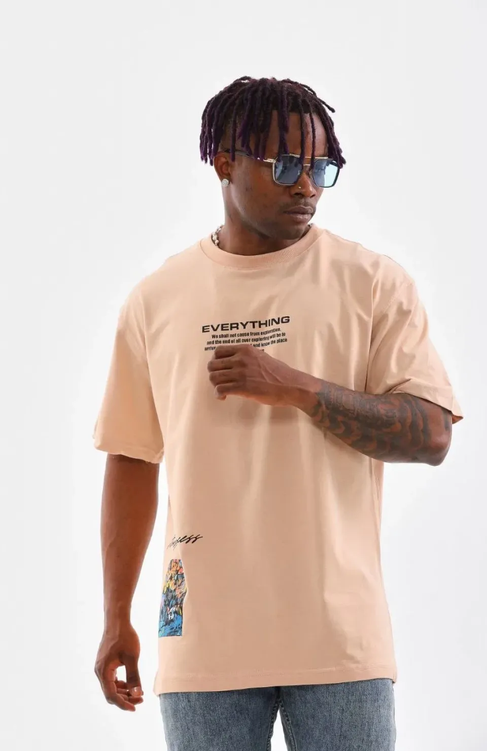 Unisex Bisiklet Yaka Baskılı Oversize T-Shirt - Bej Somersan Giyim | Kadın, Erkek ve Çocuk Moda