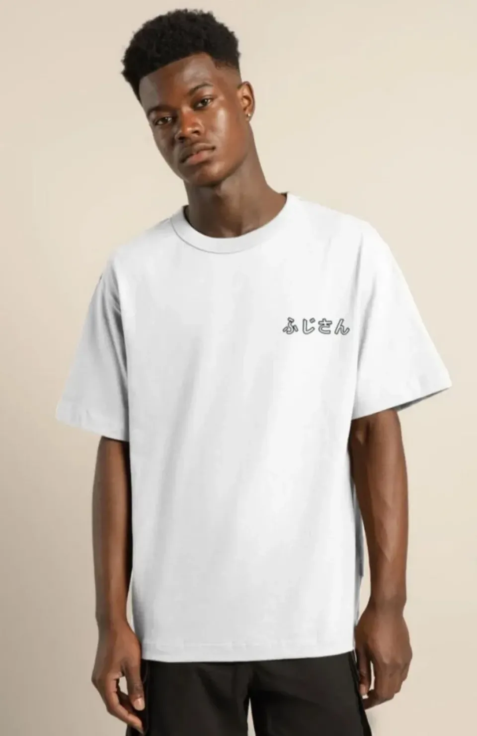 Unisex Bisiklet Yaka Baskılı Oversize T-Shirt - Beyaz