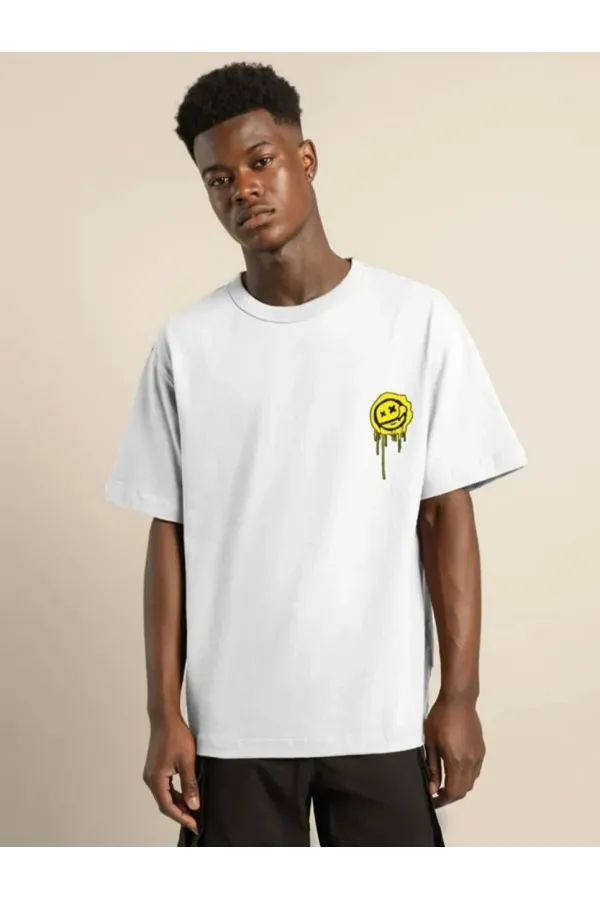 Unisex Bisiklet Yaka Baskılı Oversize T-Shirt - Beyaz