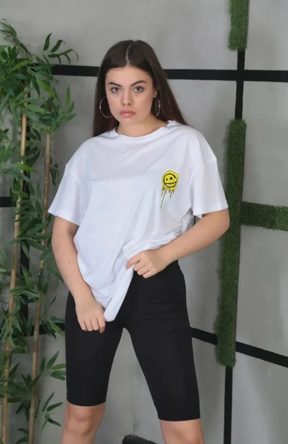 Unisex Bisiklet Yaka Baskılı Oversize T-Shirt - Beyaz