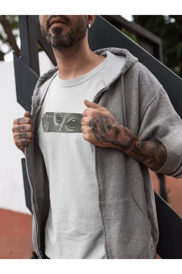 Unisex Bisiklet Yaka Baskılı Oversize T-Shirt - Beyaz