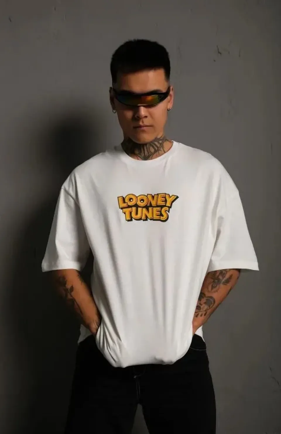 Unisex Bisiklet Yaka Baskılı Oversize T-Shirt - Beyaz