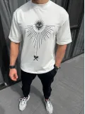 Unisex Bisiklet Yaka Baskılı Oversize T-Shirt - Beyaz