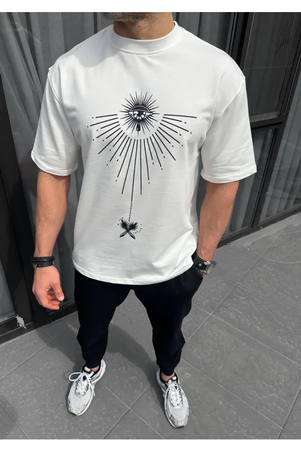 Unisex Bisiklet Yaka Baskılı Oversize T-Shirt - Beyaz