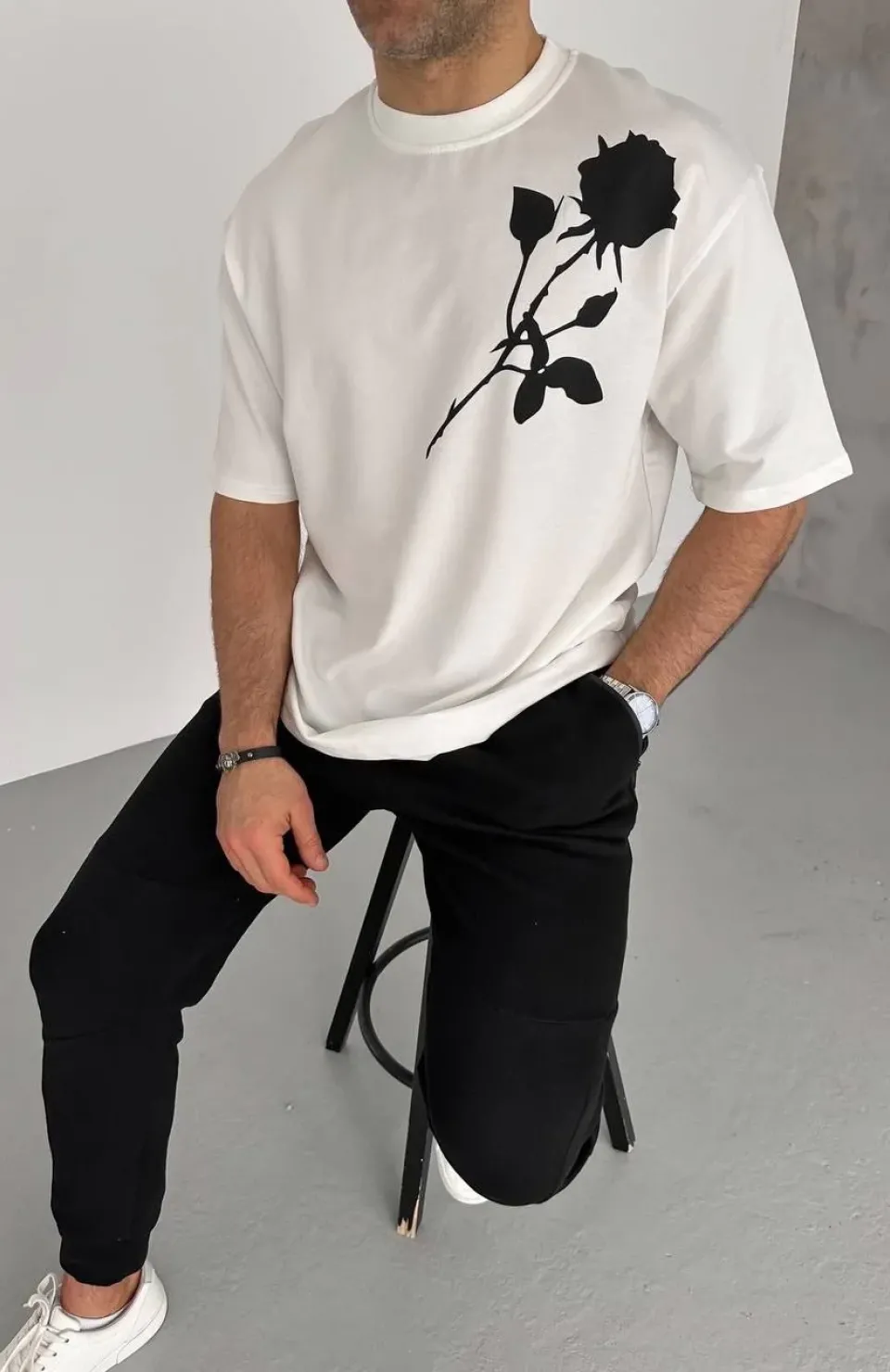 Unisex Bisiklet Yaka Baskılı Oversize T-Shirt - Beyaz