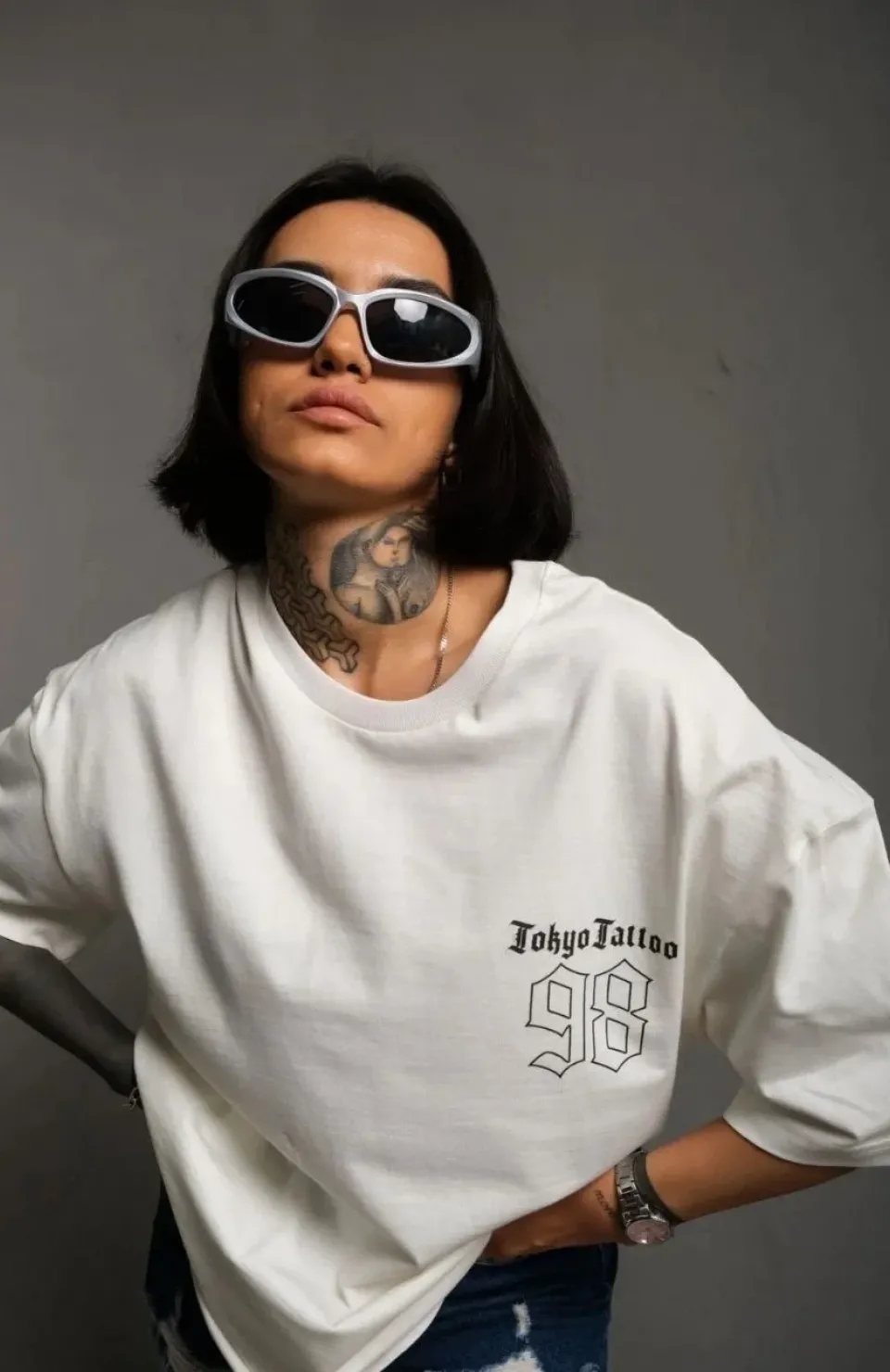 Unisex Bisiklet Yaka Baskılı Oversize T-Shirt - Beyaz