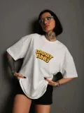Unisex Bisiklet Yaka Baskılı Oversize T-Shirt - Beyaz