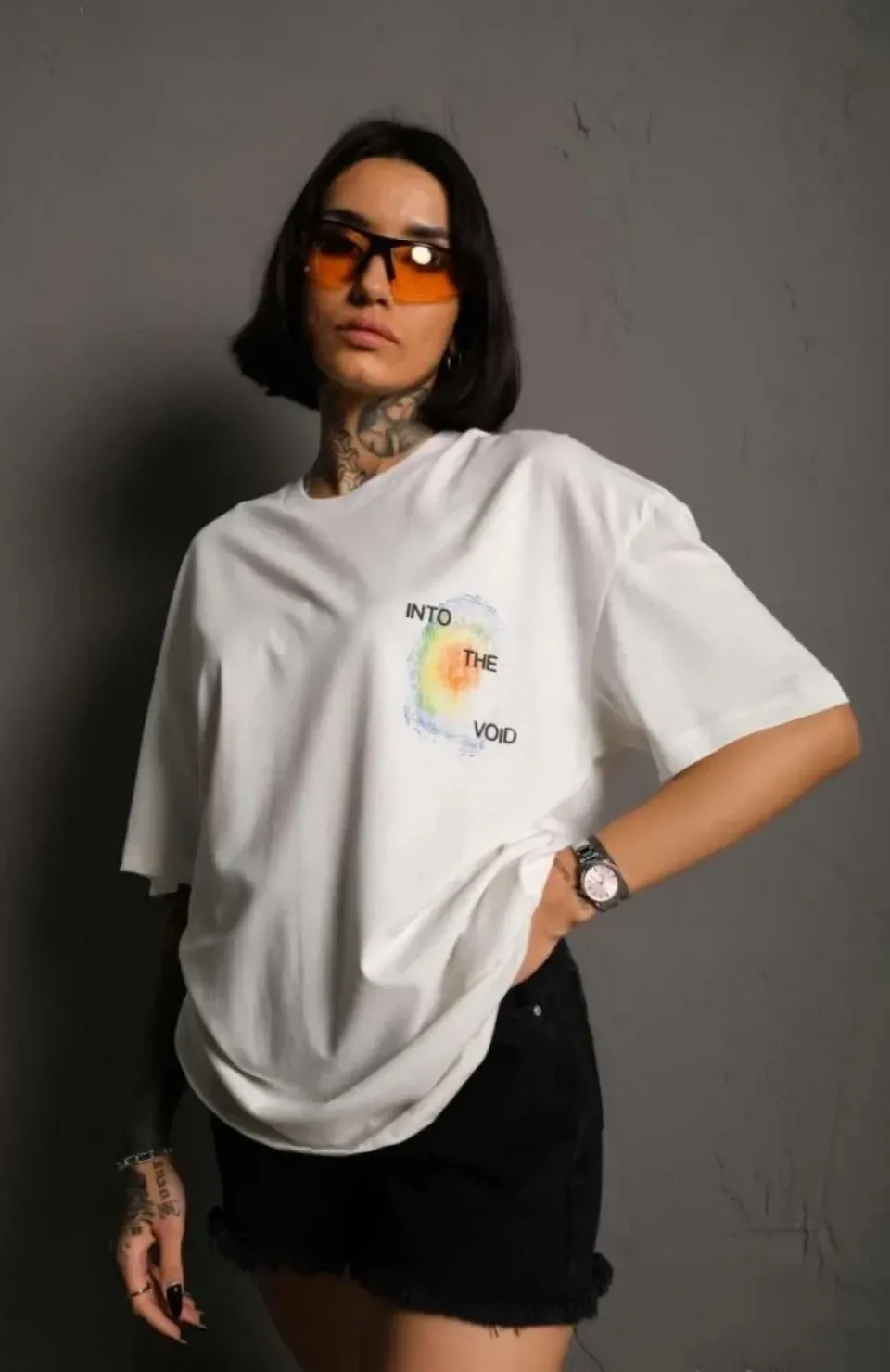 Unisex Bisiklet Yaka Baskılı Oversize T-Shirt - Beyaz
