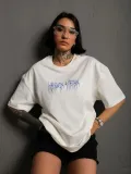 Unisex Bisiklet Yaka Baskılı Oversize T-Shirt - Beyaz