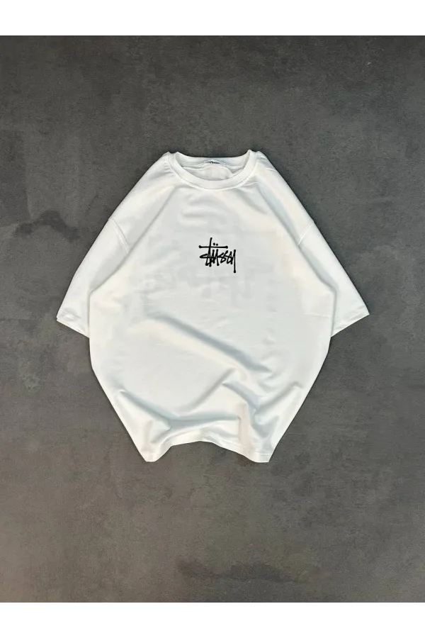 Unisex Bisiklet Yaka Baskılı Oversize T-Shirt - Beyaz