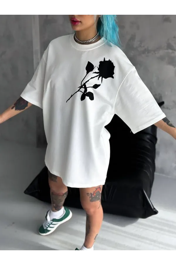 Unisex Bisiklet Yaka Baskılı Oversize T-Shirt - Beyaz