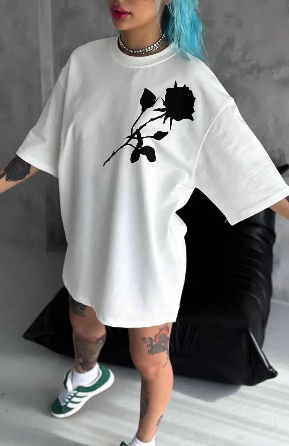 Unisex Bisiklet Yaka Baskılı Oversize T-Shirt - Beyaz