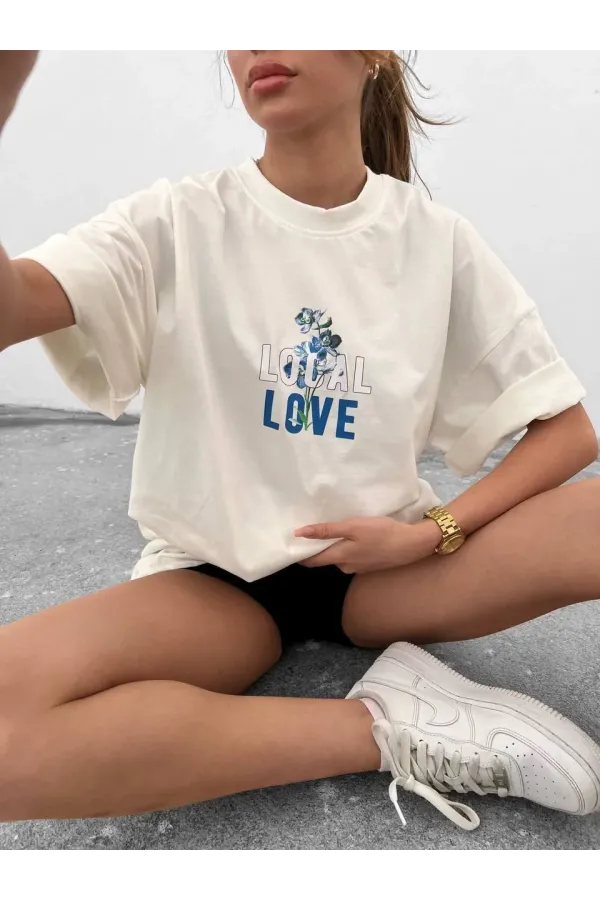 Unisex Bisiklet Yaka Baskılı Oversize T-Shirt - Beyaz