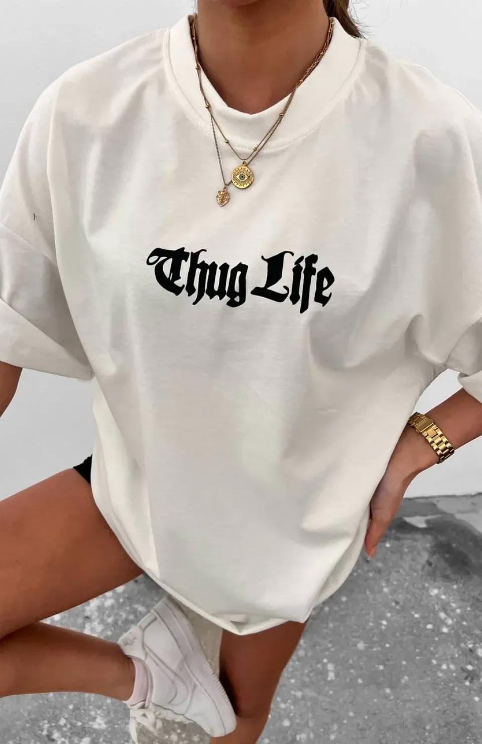 Unisex Bisiklet Yaka Baskılı Oversize T-Shirt - Beyaz