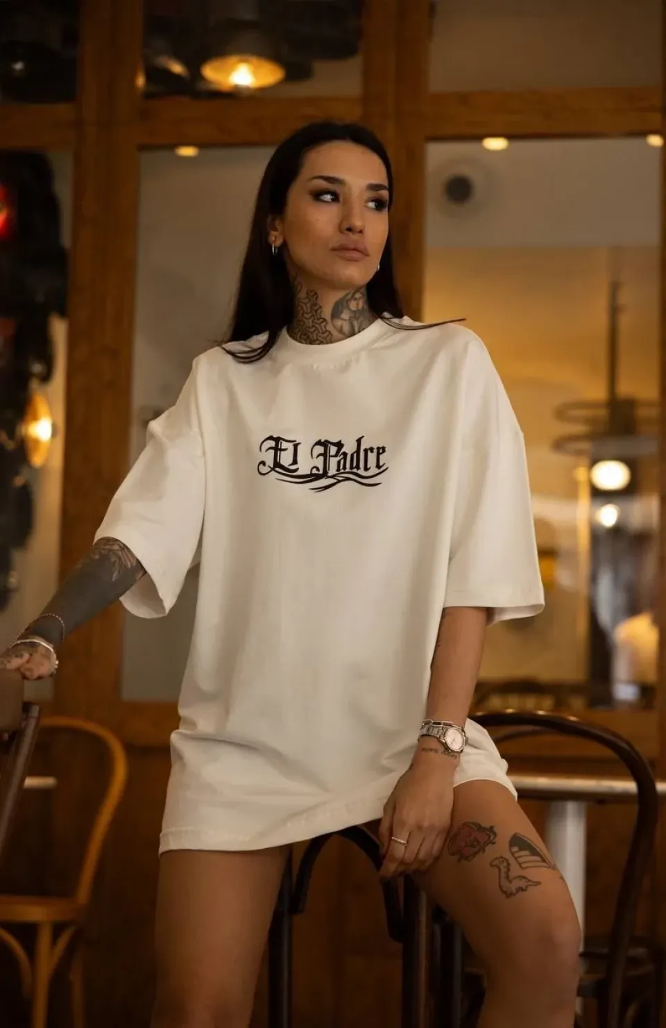 Unisex Bisiklet Yaka Baskılı Oversize T-Shirt - Beyaz