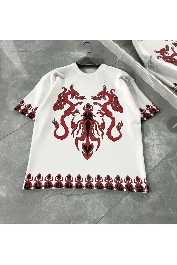 Unisex Bisiklet Yaka Baskılı Oversize T-Shirt - Beyaz