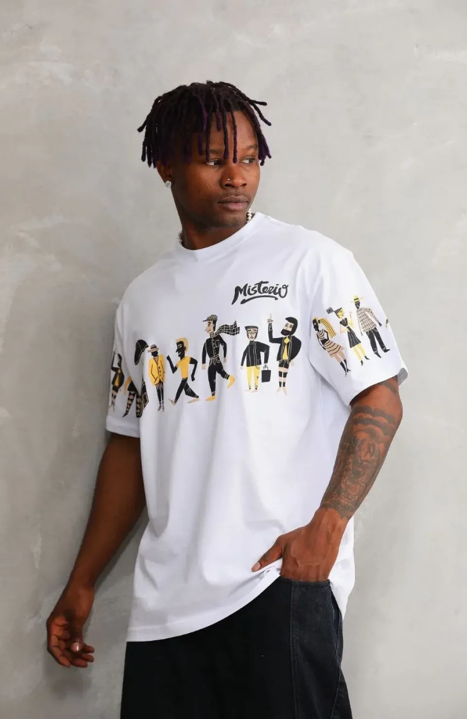 Unisex Bisiklet Yaka Baskılı Oversize T-Shirt - Beyaz