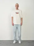 Unisex Bisiklet Yaka Baskılı Oversize T-Shirt - Beyaz