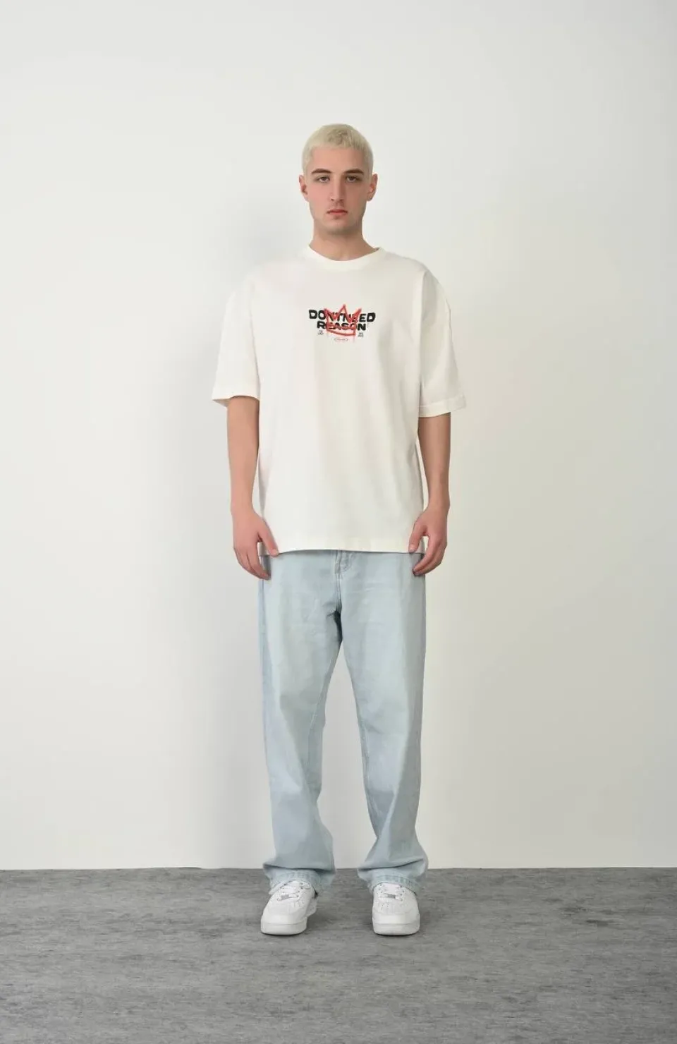 Unisex Bisiklet Yaka Baskılı Oversize T-Shirt - Beyaz