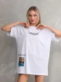 Unisex Bisiklet Yaka Baskılı Oversize T-Shirt - Beyaz