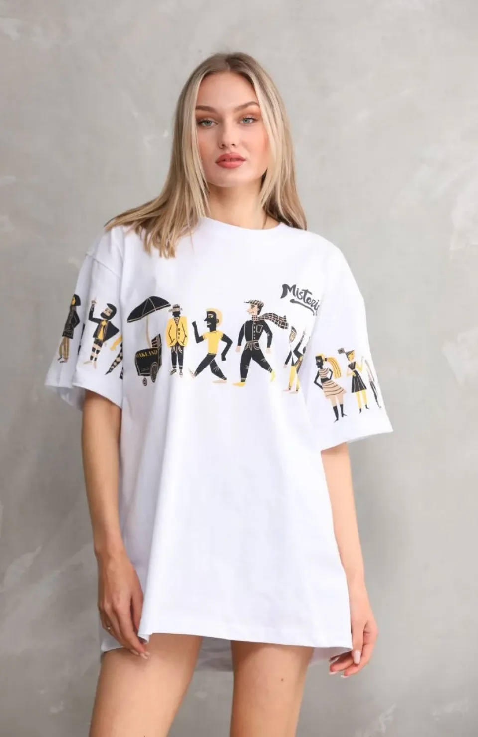 Unisex Bisiklet Yaka Baskılı Oversize T-Shirt - Beyaz