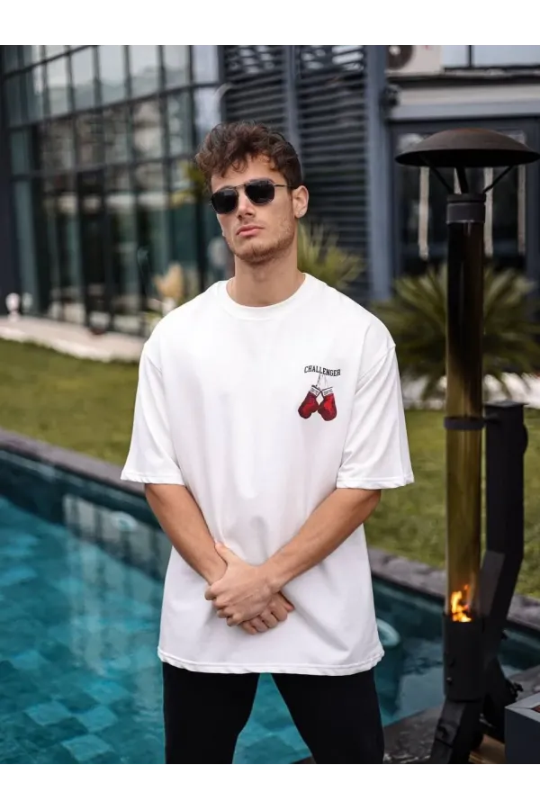 Unisex Bisiklet Yaka Baskılı Oversize T-Shirt - Beyaz