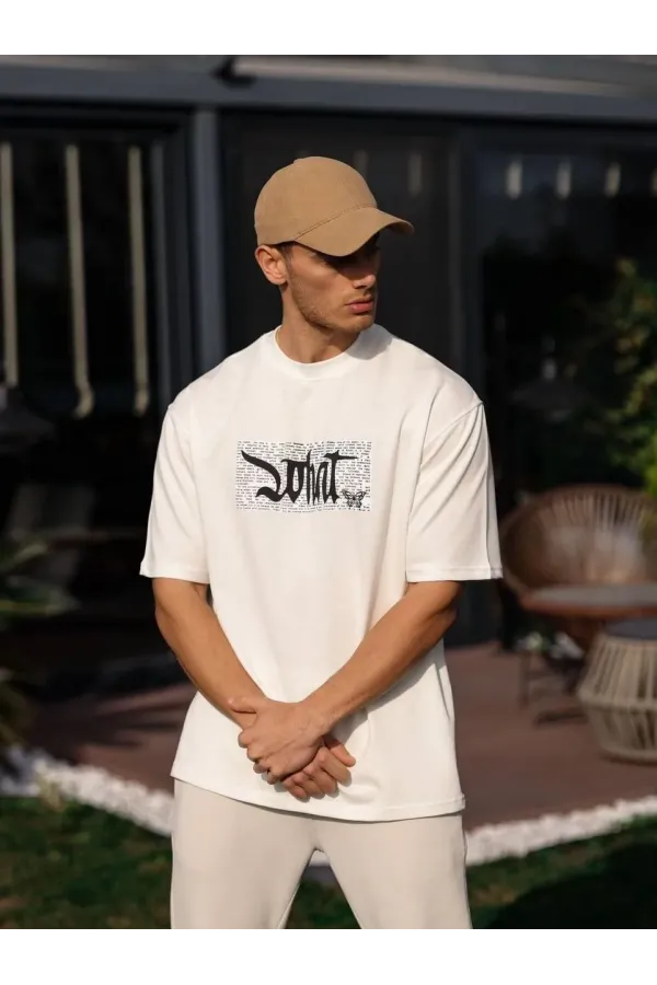 Unisex Bisiklet Yaka Baskılı Oversize T-Shirt - Beyaz