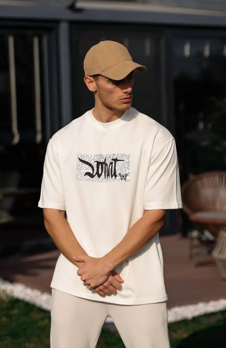 Unisex Bisiklet Yaka Baskılı Oversize T-Shirt - Beyaz