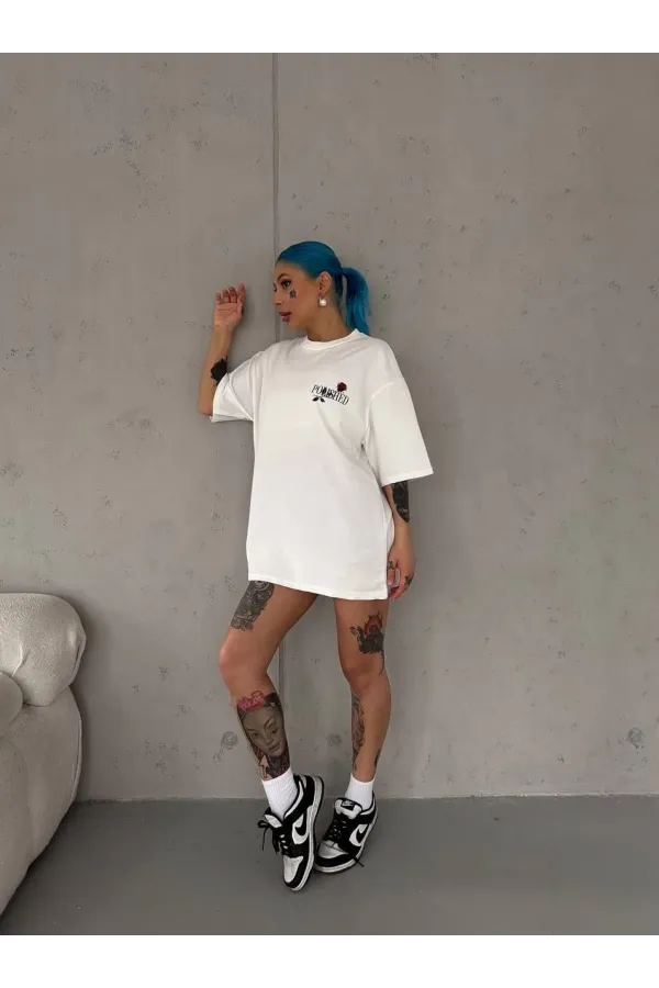 Unisex Bisiklet Yaka Baskılı Oversize T-Shirt - Beyaz