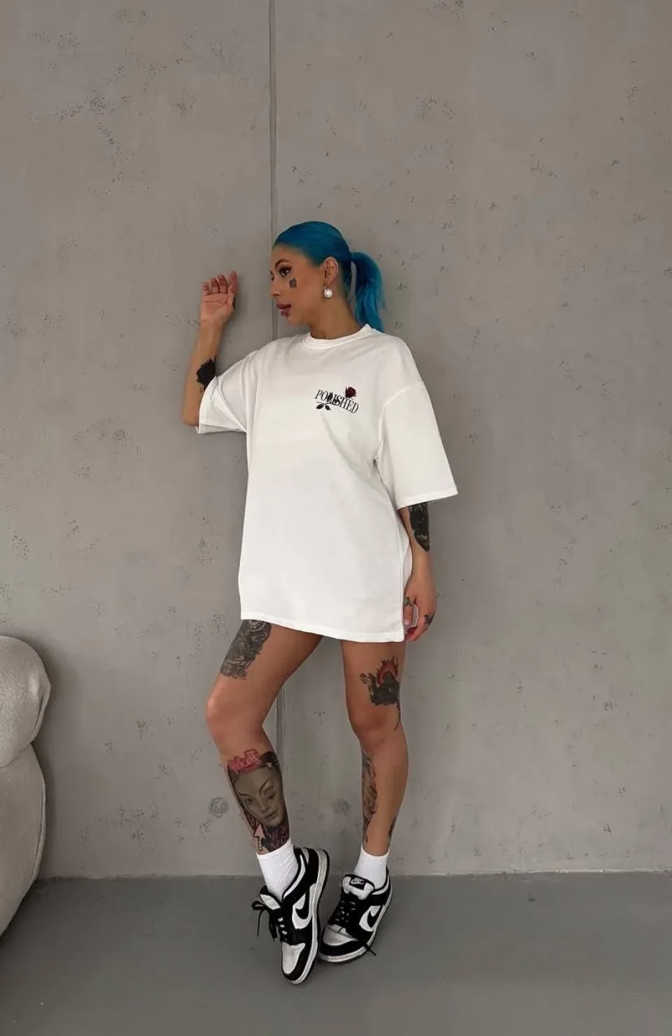 Unisex Bisiklet Yaka Baskılı Oversize T-Shirt - Beyaz