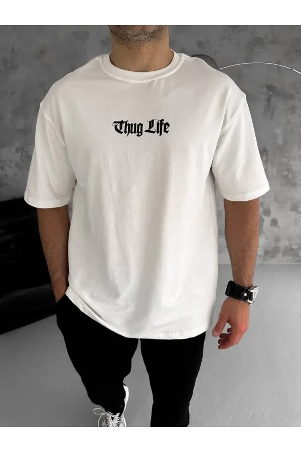 Unisex Bisiklet Yaka Baskılı Oversize T-Shirt - Beyaz