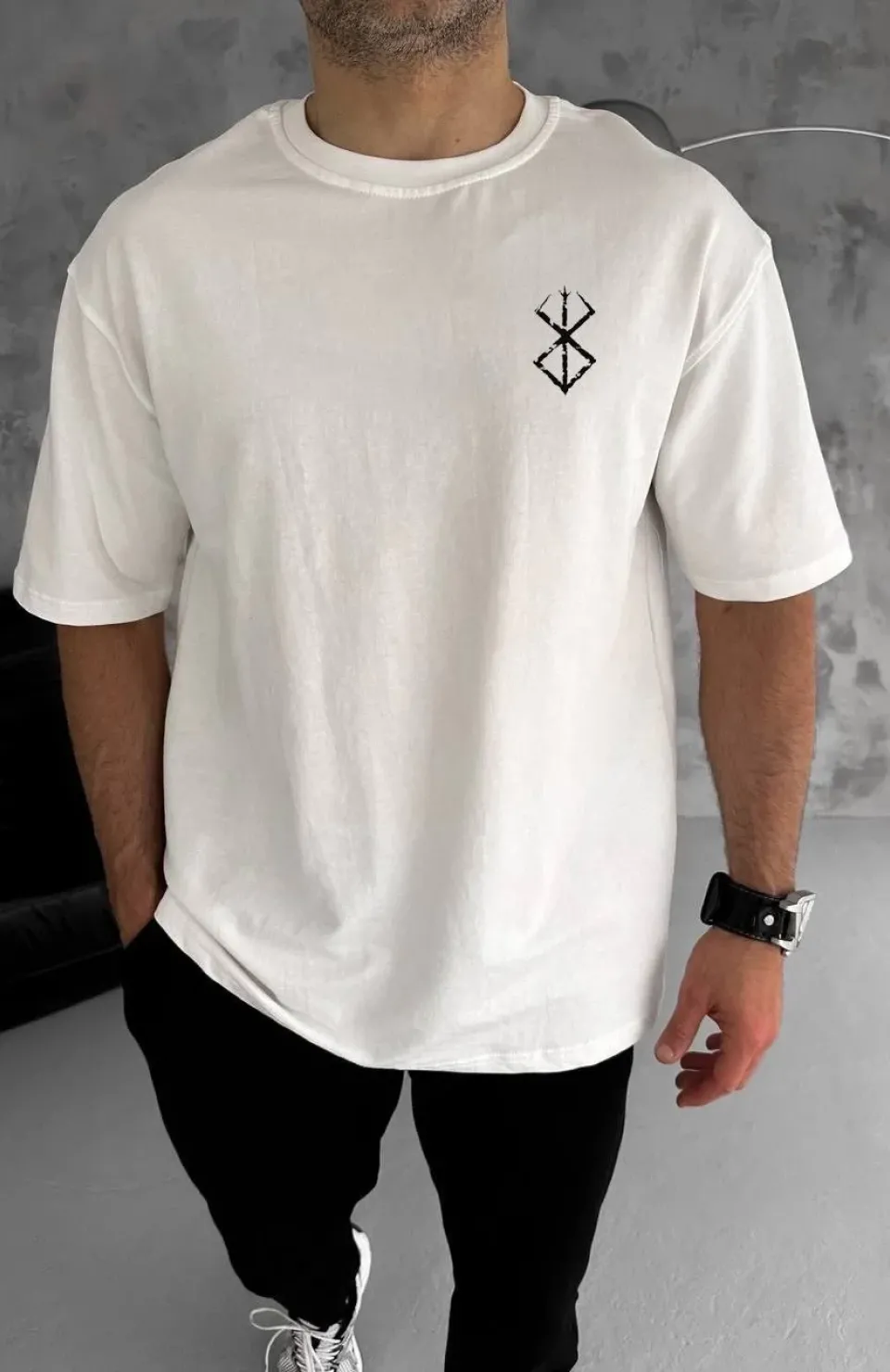 Unisex Bisiklet Yaka Baskılı Oversize T-Shirt - Beyaz