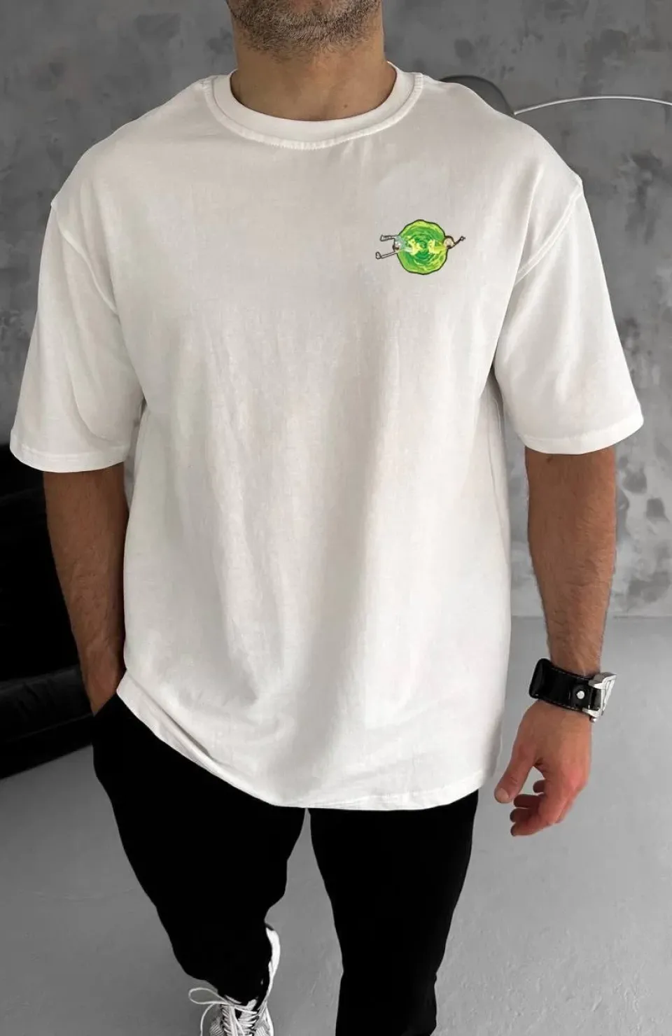 Unisex Bisiklet Yaka Baskılı Oversize T-Shirt - Beyaz