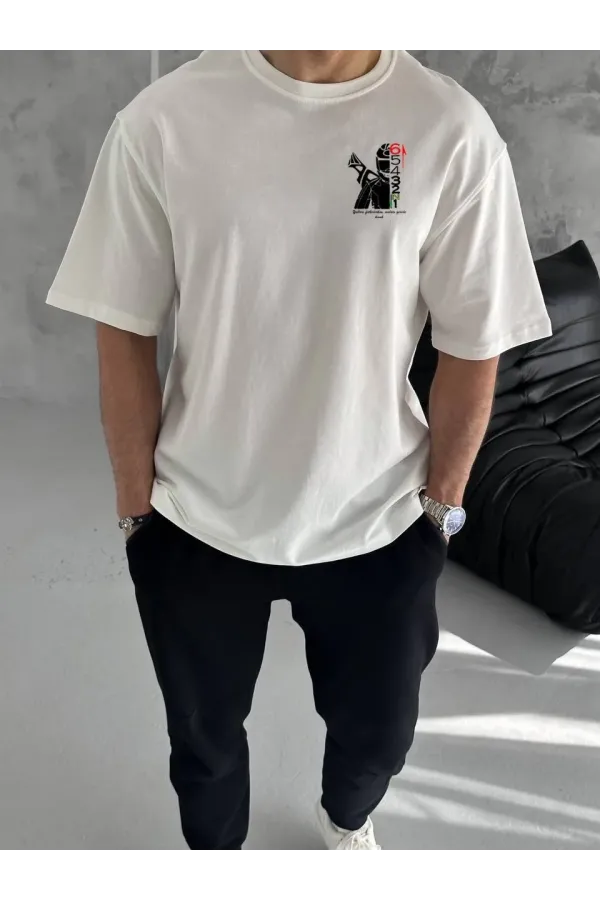Unisex Bisiklet Yaka Baskılı Oversize T-Shirt - Beyaz