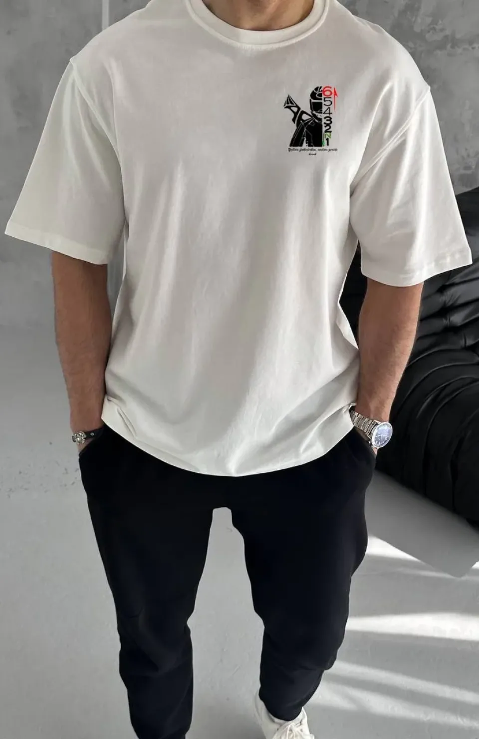 Unisex Bisiklet Yaka Baskılı Oversize T-Shirt - Beyaz