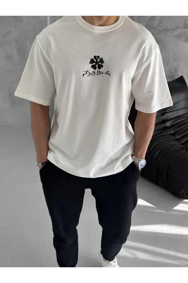 Unisex Bisiklet Yaka Baskılı Oversize T-Shirt - Beyaz