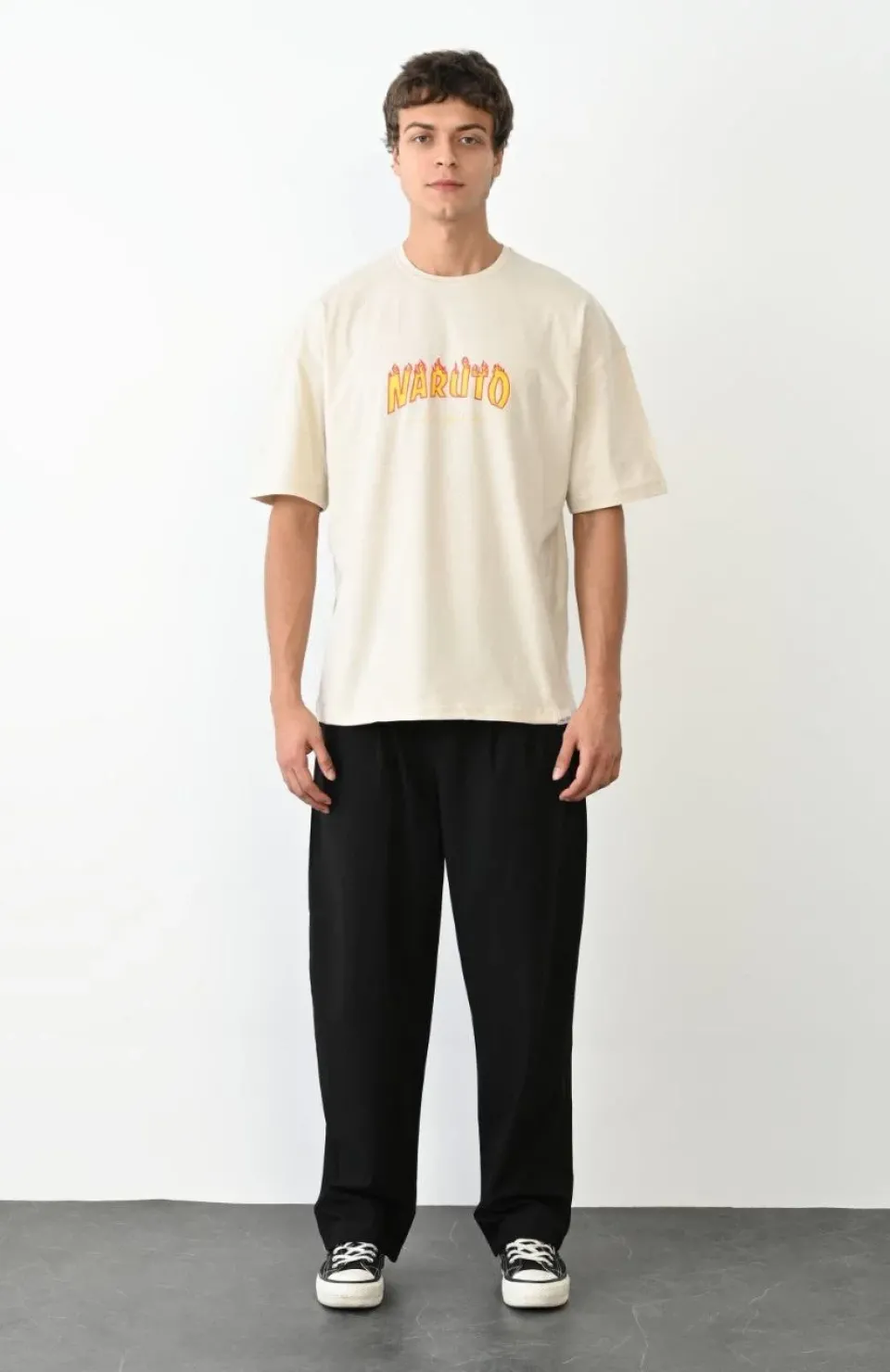 Unisex Bisiklet Yaka Baskılı Oversize T-Shirt - Beyaz