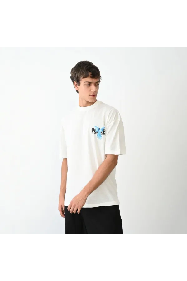 Unisex Bisiklet Yaka Baskılı Oversize T-Shirt - Beyaz