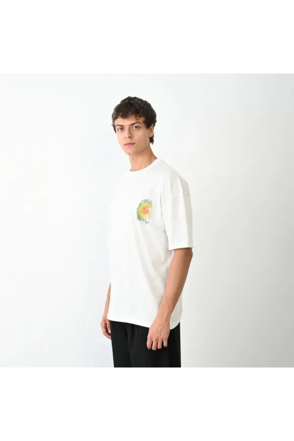 Unisex Bisiklet Yaka Baskılı Oversize T-Shirt - Beyaz